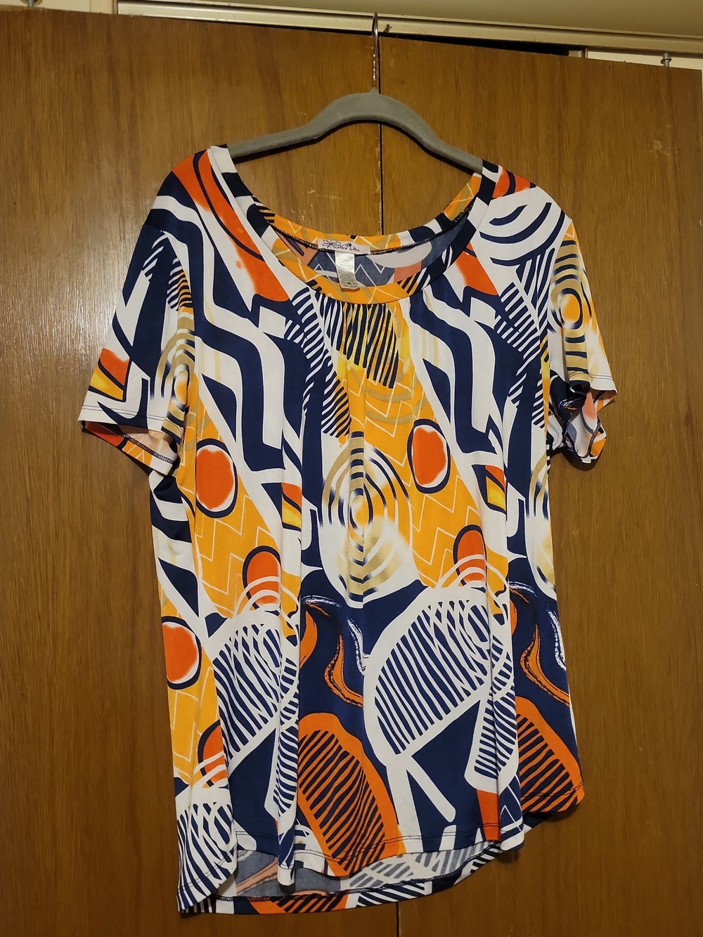 New Mix Navy, Orange & White Abstract Short Sleeve Top